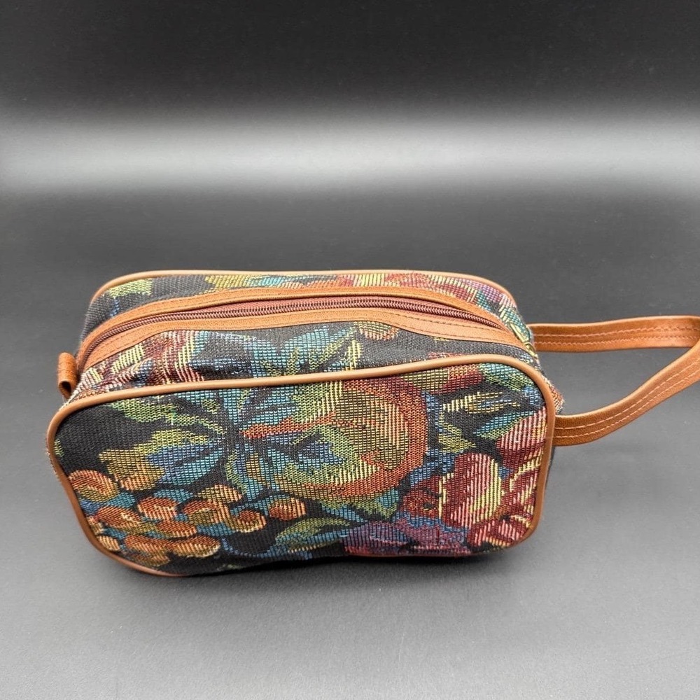 Vintage Tapestry Fabric Travel Makeup Toiletry Bag With Vinyl Trim Wrist Strap